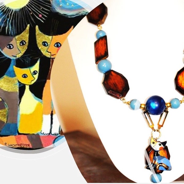 Collier sautoir série chat, chat stylisé, chat moderniste, chat porcelaine, perles flamme, perles bleues, Picasso, CHAT FLAMME !