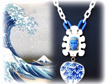 Collier sautoir asiatique, bleu jean et blanc, céramique feuillages, maillons bleu et blanc, PRINCESSE ASIATIQUE