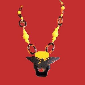 Art Deco long necklace, tortoiseshell celluloid, yellow and caramel, modernist, 1930s necklace, BUTTERFLY 1930s