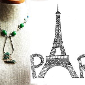 Collier sautoir parisien, Tour Eiffel, cabochons vert, argent, fleurs, arbres, Paris, TOUR EIFFEL image 6