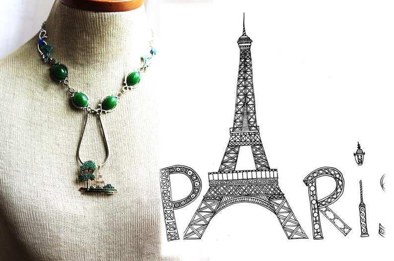 Collier sautoir parisien, Tour Eiffel, cabochons vert, argent, fleurs, arbres, Paris, TOUR EIFFEL image 6