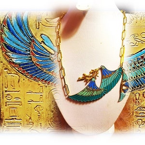Collier sautoir d'esprit égyptien, collier coloré, ailes vintage, élégant, papyrus, couture, lotus, original, LES AILES D'ISIS image 7