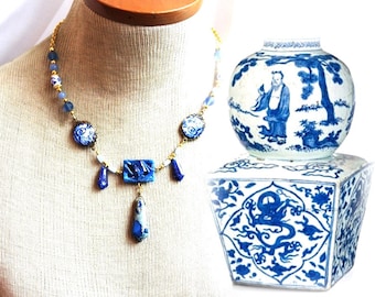 Collier raffiné d'inspiration asiatique, vases chinois, lapis lazuli, cabochon chapeau chinois ancien, CHINOIS CHIC !