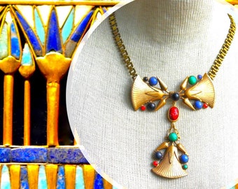 Imposant collier sautoir égyptomania, collier art-déco, rares estampes lotus 1930, Egyptian revival, LOTUS D'OR
