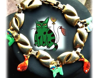 bracelet pop'art, chats émaillés, chats vert,  colorés, poissons rouges, émail, gourmette vintage moderniste, CHAT VERT et POISSON rouge !