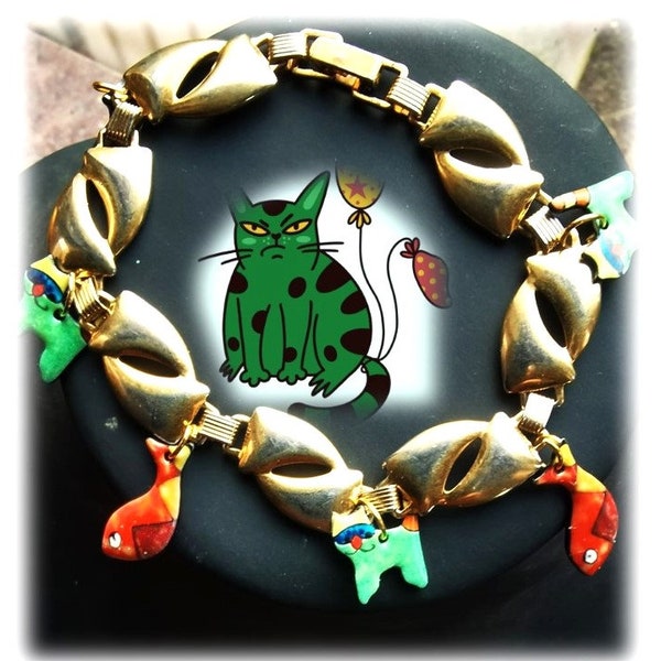 bracelet pop'art, chats émaillés, chats vert,  colorés, poissons rouges, émail, gourmette vintage moderniste, CHAT VERT et POISSON rouge !