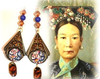 Boucles d'oreilles rétro asiatiques, bleu et topaze, oiseau, fleurs, triangle vintage sculpté, OISEAU de CHINE