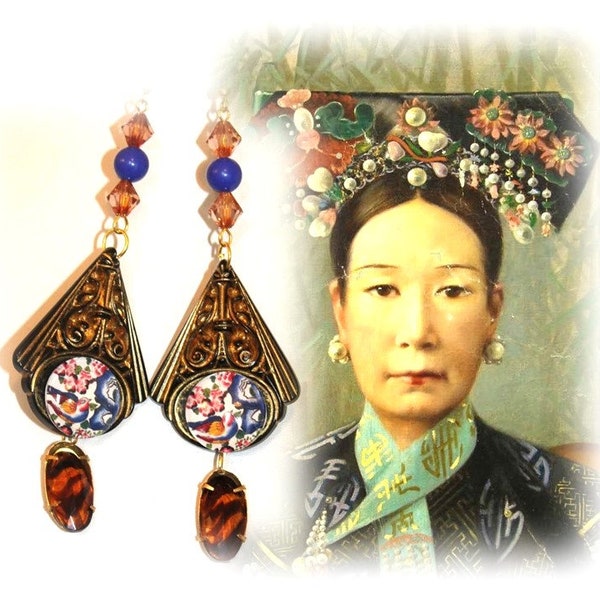 Boucles d'oreilles rétro asiatiques, bleu et topaze, oiseau, fleurs, triangle vintage sculpté, OISEAU de CHINE