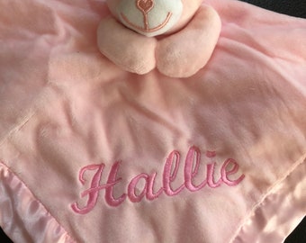Teddy Bear Baby Comforter/ Pink Blue or White/ Satin Comforter/ Newborn Personalised Comforter/ embroidered name/ christening gift