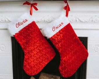 Personalised Christmas Stocking/Red Traditional Xmas Stocking/Embroidered Personalised/Embroidered Christmas