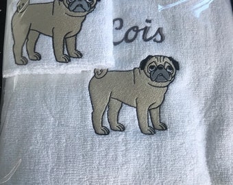 Mops Badetuch Set / Stickapplikation / Hunderasse Handtuch Set / Mops Besitzer / Mops Fan