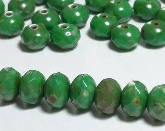 10pcs Forest Green Picasso Czech Glass Rondelle Beads 8x6mm - GB206
