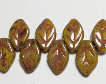 20pcs Green & Red Picasso Czech Glass Leaf Beads, 12x7mm - GB285