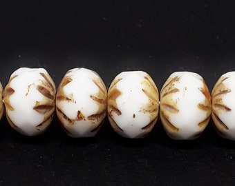 6pcs White & Brown Czech Glass Rondelle Beads, 10x7mm - GB979