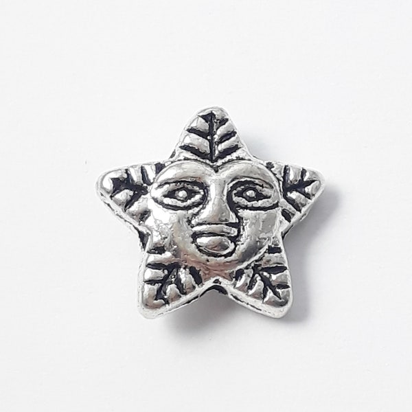 10pcs Sun Face Star Metal Beads Antique Silver 12x11mm - B0105713