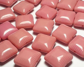 6pcs Pink Puffed Square Czech Glass Beads 14mm - GB441