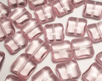 10pcs Pink Czech Glass Puffed Square Beads, 14mm - GB439