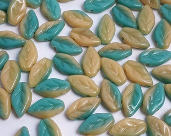 30pcs Turquoise & Cream Czech Glass Leaf Beads, 10x6mm - GB460