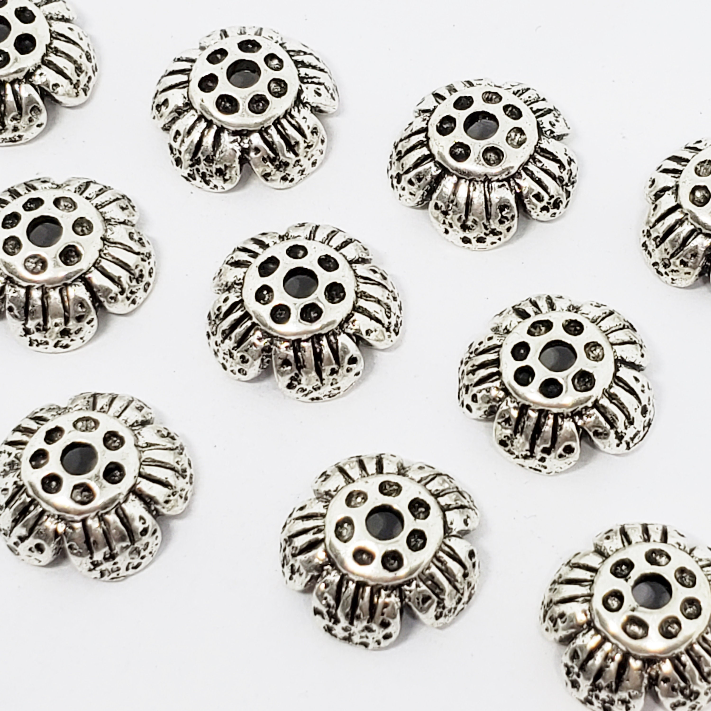 5pcs Poppy Flower Bead Caps, Antique Silver Metal Endings