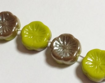 6pcs Green Metallic Hawaiian Flower Czech Glass Beads, 12mm - GB9
