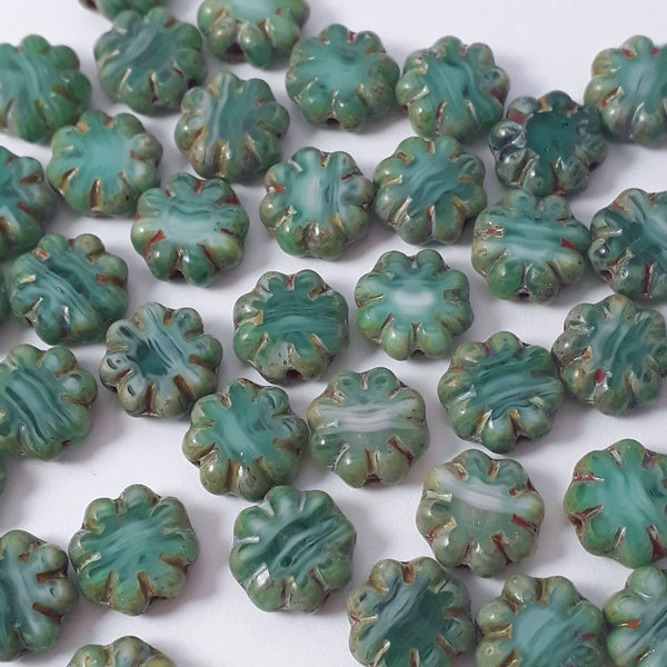 6pcs Teal Green Czech Glass Table Cut Flower Beads, 9mm - GB49