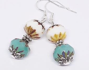 Turquoise & White Beaded Czech Glass Earrings Drop Dangle Sterling Silver Hooks
