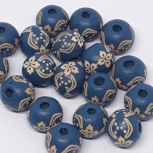 5pcs Blue Carved Floral Pattern Wooden Round Beads 10x9mm - B667969