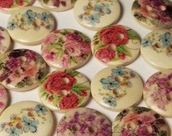 50pcs Assorted Wooden Flower Sewing Buttons, 15mm 2 Hole - B32588H