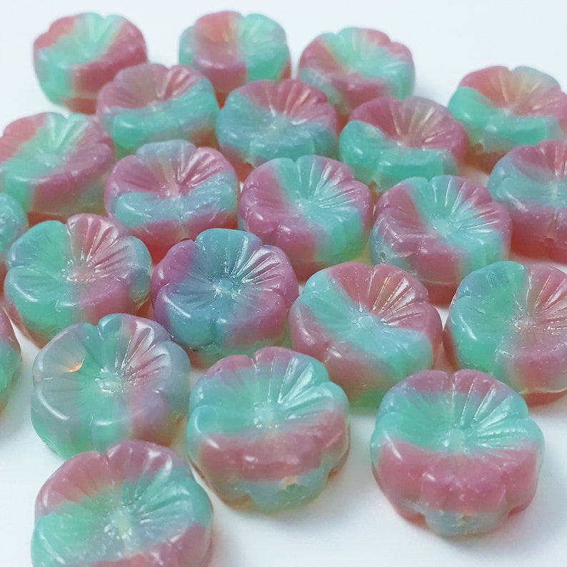 6pcs Turquoise & Pink Hawaiian Flower Czech Glass Beads, 14mm GB5 image 2