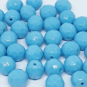 10 Stück Opak Hellblaue Facettierte Tschechische Glas Runde Perlen, 10 x 9 mm - GB511