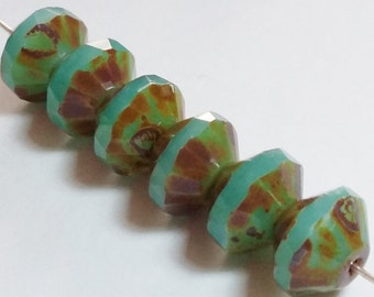 4pcs Turquoise Picasso Czech Glass Saucer Beads, 11x7mm - GB366