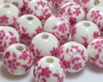 6pcs Pink Flower Round Ceramic Beads, 12mm - B21543