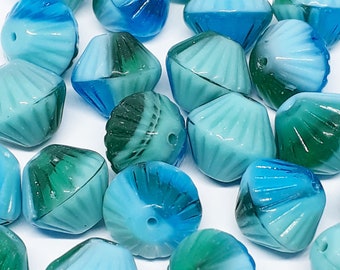 10pcs Blue & Green Fluted Czech Glass Bicone Beads, 11mm - GB942