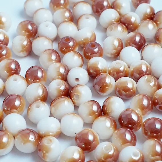 60pcs White Burnt Orange Metallic Czech Glass Round Beads, 4mm