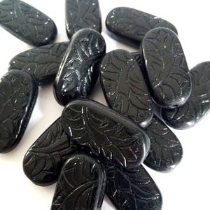 6pcs Carved Black Czech Glass Flat Oval Beads 25x12mm - GB62
