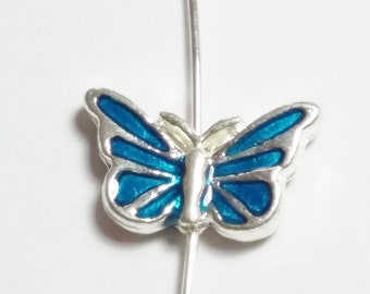 1pc Blue Enamel Butterfly Beads Silver Plated 17x10mm - B71161