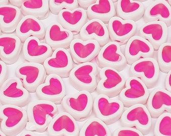 50pcs White & Pink Heart Acrylic Beads, 8x7mm - B657492
