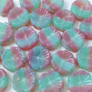 6pcs Turquoise & Pink Hawaiian Flower Czech Glass Beads, 14mm GB5 image 1