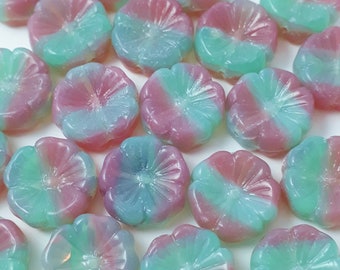 6pcs Turquoise & Pink Hawaiian Flower Czech Glass Beads, 14mm - GB5