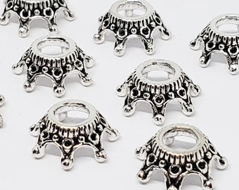 20pcs Crown Bead Caps, Large Hole Bead Caps, Antique Silver Metal Findings, Holds ss4 Rhinestones, 13mm - B0210613