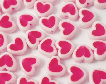 50pcs White & Hot Pink Heart Acrylic Beads, 8x7mm - B657493