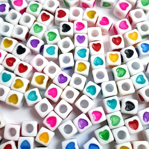 50pcs Heart Patterned White Acrylic Cube Bubblegum Beads, 7mm - B10570