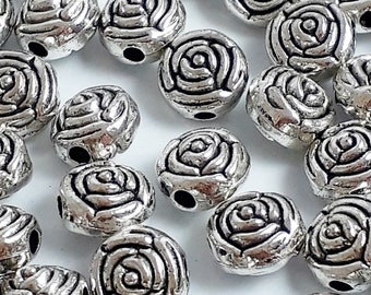 10pcs Round Rose Flower Beads Antique Silver 7mm - B0117681