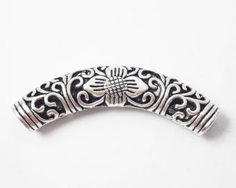 1pc Curved Filigree Flower Tube Beads Antique Silver 55x16mm - B0217048