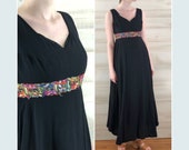 Vintage 60s black empire colorful embroidered long maxi hippie boho dress S