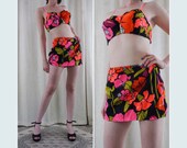 Vintage 50s DeWeese Neon Floral High Waisted Skirted Molded Cups Swimsuit S M