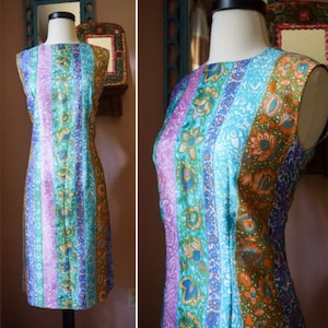 Vintage 60s Rainbow Striped Paisley Silk Sheath Shift Dress Casual S M