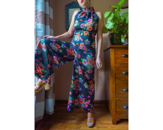 Vintage 60s Black Neon Palazzo Jumpsuit Floral Hip