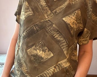 Top de seda vintage de los años 90, marrón, abstracto, geométrico, maximalista, talla M y L