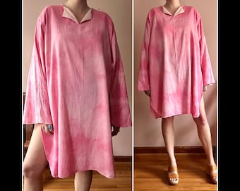 Túnica vintage de manga larga - Caftán rosa Tie Dye - Mini vestido Hippie Boho Top de los años 70